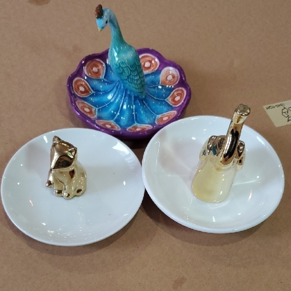Colorful Peacock , Fox, and  Elephant Trinket Ring Dishes